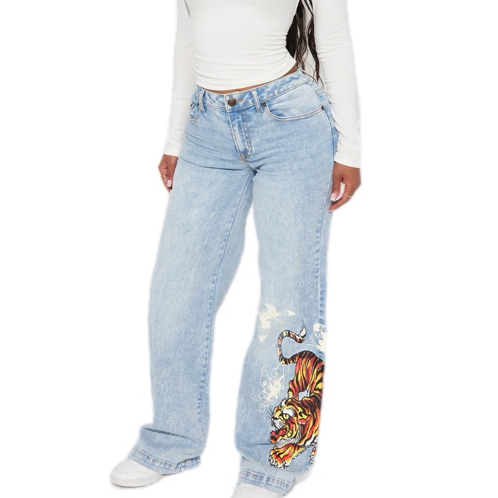 Ed Hardy Light Blue Flare Jeans with Tiger Design